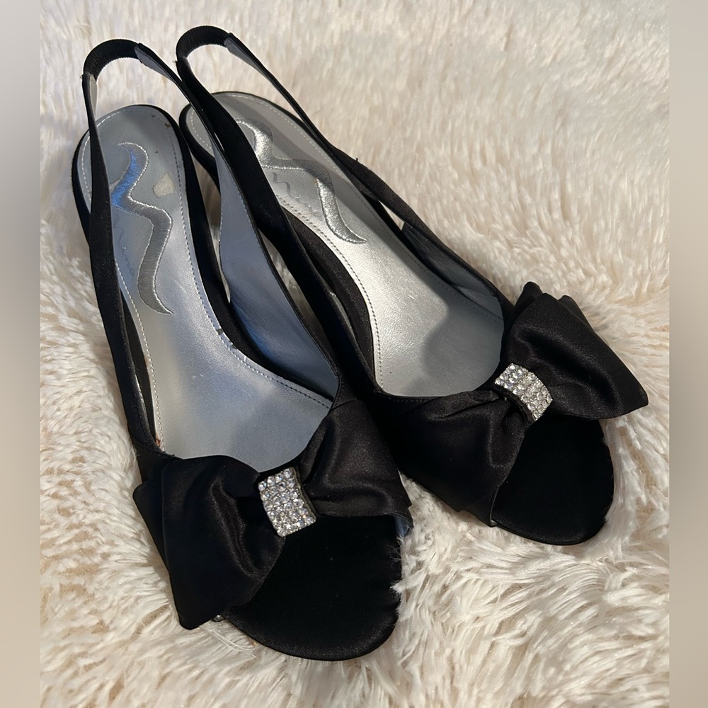 Elegant Black Satin Slingback Heels with Rhinestone Details